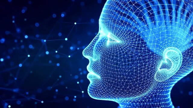 A glowing, wireframe face in profile is surrounded by blue nodes and lines on a dark background