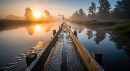 Wooden bridge over calm water at sunrise with misty trees reflecting.
