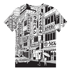 Black and white illustration of a bustling japanese city street scene with traditional buildings and signage