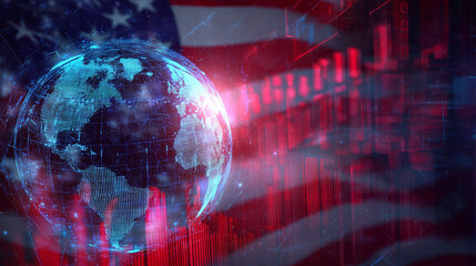 Globo digital iluminado contra a bandeira dos Estados Unidos representa economia global, tecnologia e mercados financeiros interconectados em cenário moderno