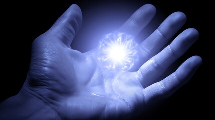 Futuristic Hand Holding Bright Electric Energy in Dark Background