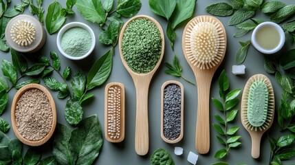 Natural hair care tools and ingredients on a gray background with greenery