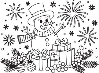 Cute Christmas Snowman with Gifts, Fireworks, and Snowflakes Outline