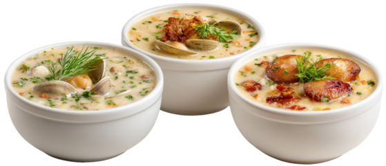 Three bowls of creamy seafood chowder featuring clams, shrimp, and herbs, beautifully arranged on a white background, showcasing a delicious meal perfect for food photography