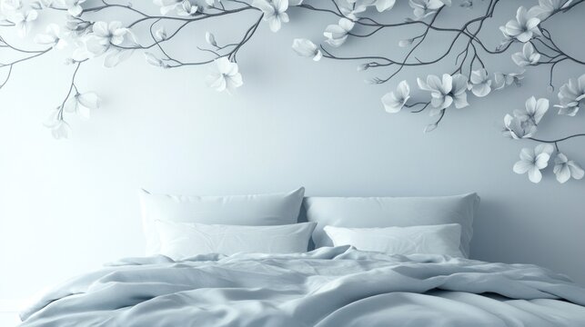 Serene bedroom, magnolia wall art, calm interior, peaceful atmosphere, home decor, relaxation, sleep