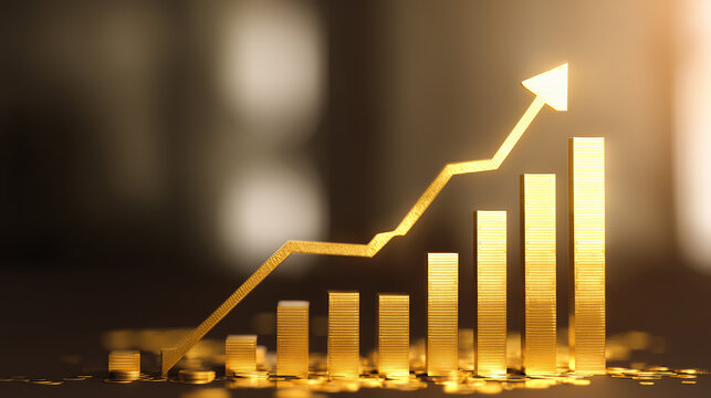 3D bar chart with an ascending arrow representing strong financial performance, revenue growth, market optimism, strategic planning and long-term business success