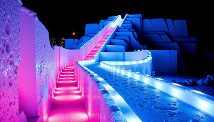 Colorful ice slides illuminated at night during Harbin Ice Festival  