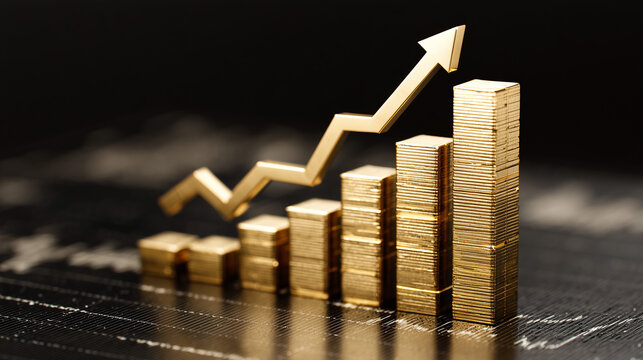Shining gold bar chart with an arrow pointing upward, representing strong financial indicators and optimistic market projections