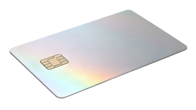 Single credit card design, isolated on transparent background, realistic gloss.