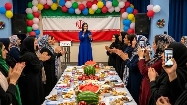 Iranian women celebrating with food and the iranian flag in the background