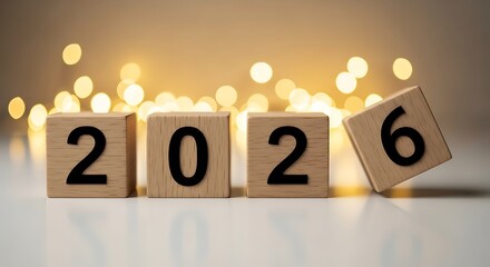 2026 New Year Wooden Blocks with Warm Bokeh Lights
