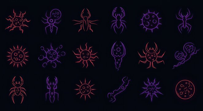 Outline drawings of assorted bugs and germs on a black background