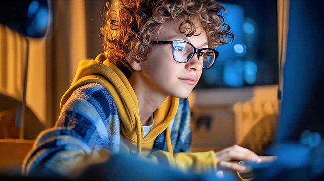 Young Coder with Curly Hair: Boy in Glasses Using Computer at Night