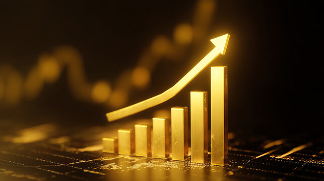 Golden bars with a rising arrow showcasing financial improvement, strong earnings, and accelerating economic results - Powered by Adobe