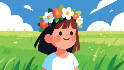 Illustration Of A Little Girl With A Flower Headband In A Meadow Vector Design Template