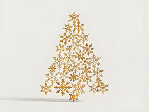Christmas tree made of golden snowflakes on a white background in studio shot
