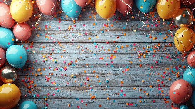 Festive Balloons on Rustic Wood Background; Party Invitation