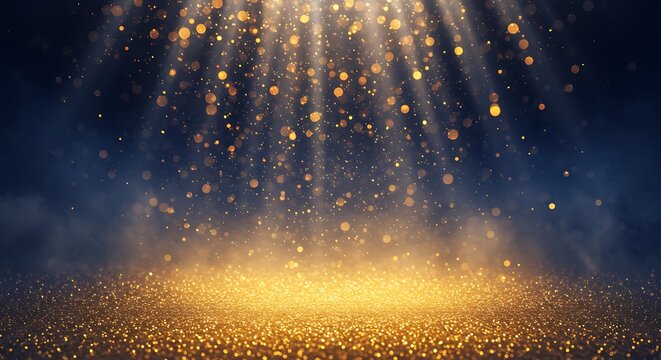 Golden glitter particles falling from above, illuminated by dramatic light rays, creating a magical and celebratory atmosphere on a dark background