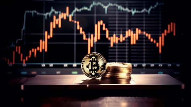 A closeup shot of a computer screen displaying a stock market chart with a Bitcoin coin on it. The background is dark, with the stock market graph illuminated in orange and white.