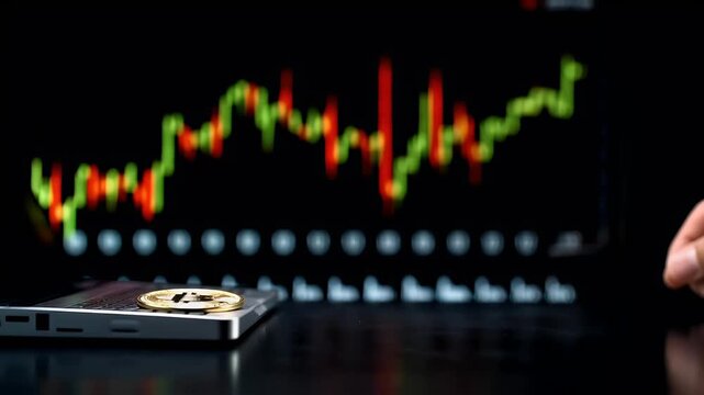 A closeup image of a hand holding a Bitcoin coin against a backdrop of a stock market chart. The hand is positioned in a way that suggests the coin is being held by someones fingers.