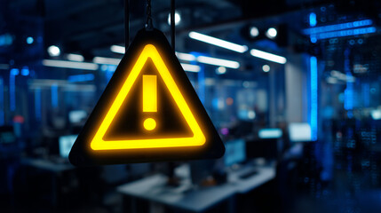 Ícone de alerta iluminado em ambiente corporativo, simbolizando risco, atenção e segurança operacional em cenários de tecnologia e negócios
