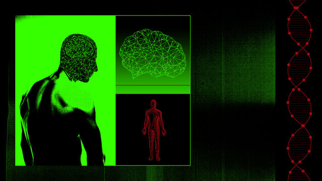 Cyber collage. Human silhouette with digital brain network and DNA helix in neon green and red tones. Concept of neuroscience research, AI cognition, biotech innovation, and medical education