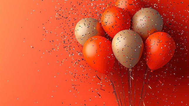 Orange and gold balloons, confetti, celebration. Festive background for party invitation