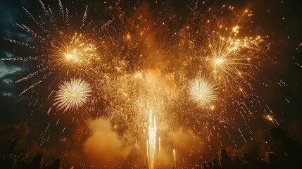 Fireworks display at night over crowd.  Possible use Stock photo