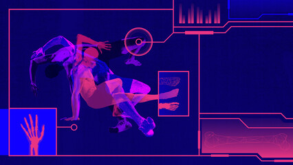 Biohacking collage. Dynamic human figures in motion analysis with neon red anatomy overlays and digital graphs. Concept of sports performance study, biomechanics visualization, and motion capture.