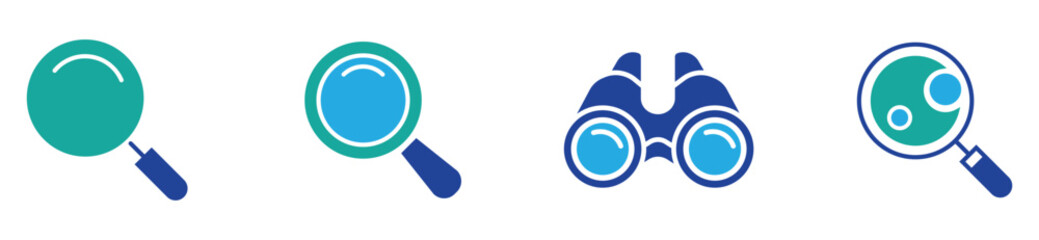 Magnifier and Search Tools Icon Set. Discovery symbols with telescope, binoculars, glasses. Vector illustration.
