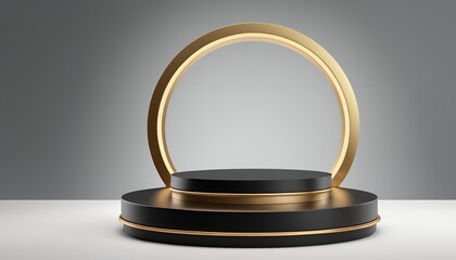 Black podium stage with golden rings. 3d vector realistic platform or pedestal mockup for products displaying. Studio background with circular low stand or showcase for cosmetics presentation