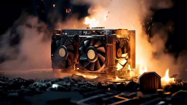 Bitcoin crypto mining rig. A vivid, highresolution computer graphics card in the midst of a fiery explosion. The scene is set against a backdrop of a dark.