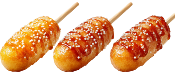 Three deliciously golden corn dogs on wooden sticks, drizzled with savory sauces and sprinkled with sesame seeds, set against a clean white background, ideal for food advertising