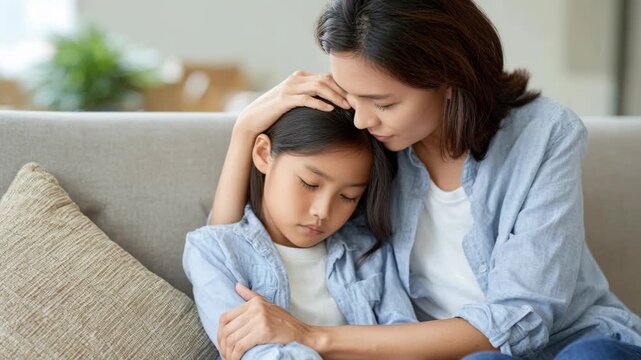 A caring Asian mother comforts her sad young daughter on a sofa, gently stroking her head and offering emotional support. This tender moment highlights family connection.