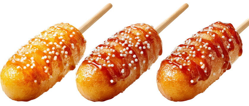 Three deliciously golden corn dogs on wooden sticks, drizzled with savory sauces and sprinkled with sesame seeds, set against a clean white background, ideal for food advertising