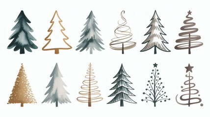 Obraz premium Collection of hand drawn and watercolor christmas trees in various styles