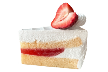 Strawberry shortcake slice isolated on transparent background.