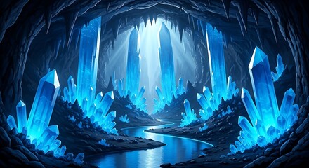 An ethereal underground cave shimmers with magnificent glowing blue crystals, reflecting softly in a winding river, creating a mystical natural spectacle with a stunning Blue Background