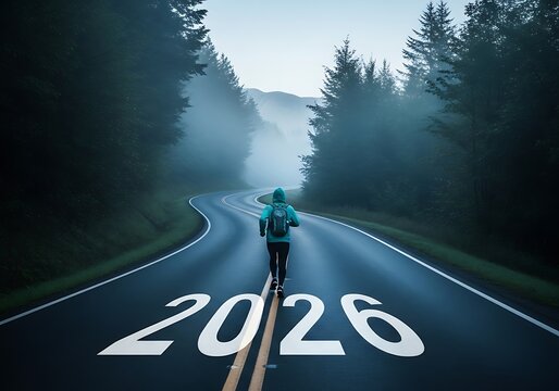 Runner on Foggy Road Toward 2026 Symbolizing Future Goals