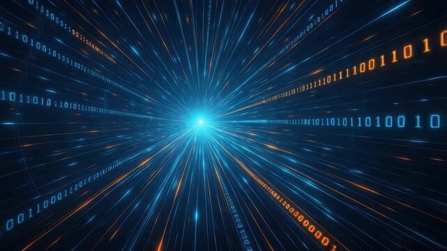 Futuristic Digital Data Streams Vibrant Motion of Binary Code in Blue Light Showcasing Technology and Data Visualization