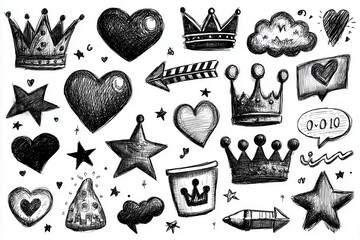 Naklejka premium Sketch of crowns, hearts, stars, clouds and an arrow in monochrome on a white background creates a cute Valentine's Day concept