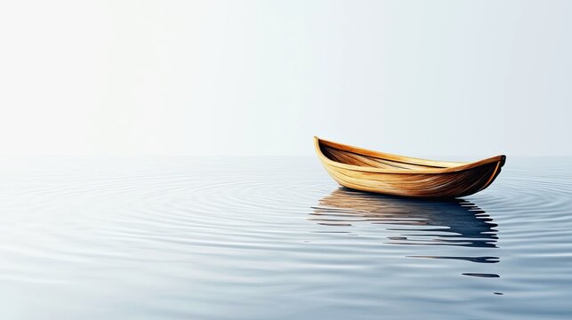 A simple wooden rowboat rests on the surface of tranquil water, creating gentle ripples.