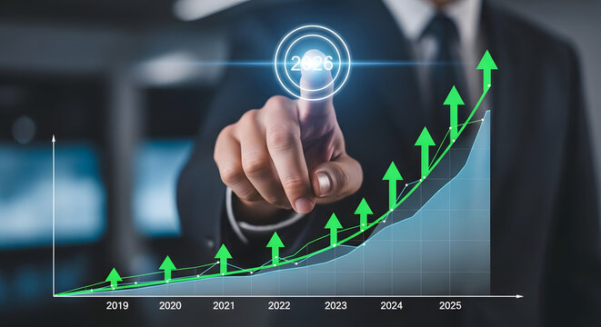 Businessman pointing at a glowing digital graph showing upward financial growth and success