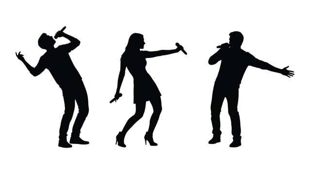 Dynamic silhouettes of singers performing isolated on white background, Vector