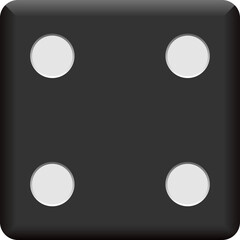A realistic black dice showing the number four with four white dots on a transparent background, game piece, gambling object