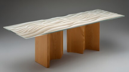 Modern Artistic Coffee Table with Textured Glass Top and Wooden Base