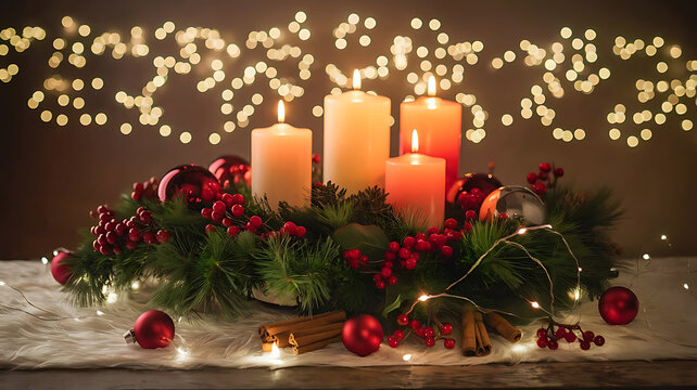 Christmas advent wreath with lit candles and festive lights