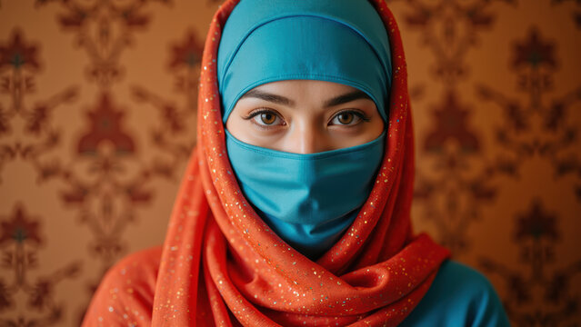 Woman wearing colorful hijab and face covering, showcasing intricate eye makeup against patterned background. image conveys elegance and cultural