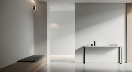 Minimalist entryway with bench, table, and security camera, flooded with light