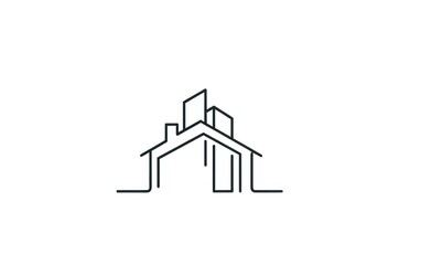 Minimalist outline of a house and skyscrapers, depicting urban development